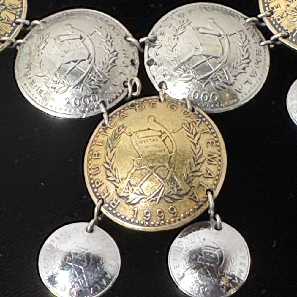 VINTAGE Republic of Guatemala Handcrafted Silver Gold Coin Necklace 90s Eclectic - Picture 2 of 14
